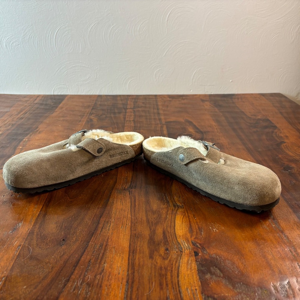 Birkenstock Boston Shearling Suede Clogs Taupe Brown Mules Womens 41 L10 M8 - Picture 5 of 15